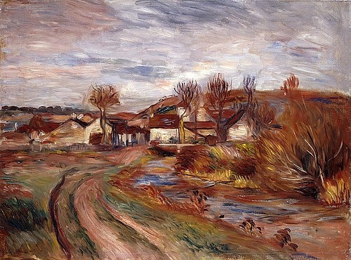 Pierre-Auguste Renoir, Landschaft in der Normandie (Paysage en Normandie). 1895 (Landschaft, Landschaftsmalerei, Bauernhäuser, Dorf, Dorfstraße, Normandie, Frankreich,  ländlich, Herbst, Impressionismus, klassische Moderne, Wunschgröße, Wohnzimmer, Malerei)