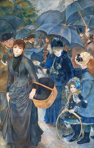 Pierre-Auguste Renoir, Die Regenschirme. Um 1881-86 (Menschen, Gruppe, Regen, Regenschirme, schwarze Schirme, june Frau, Blickkontakt, Korb, Impressionismus, klassische Moderne, Wunschgröße, Wohnzimmer, Malerei)