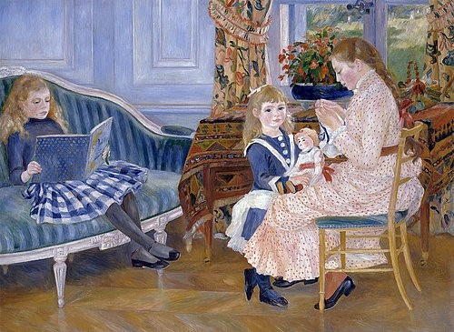 Pierre-Auguste Renoir, Der Nachmittag der Kinder in Wargemont. 1884 (Familie, Familienidylle, Handarbeit, lesen, Spiel, Interieur, Kinder, Mutter, Puppe, Bilderbuch, bürgerlich, Impressionismus, klassische Moderne, Wunschgröße, Wohnzimmer, Malerei)