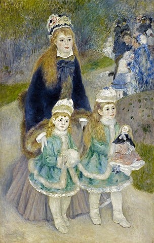 Pierre-Auguste Renoir, Mutter und Kinder (La Promenade). 1874-76 (Familie, Frau, Hut,  Mutter Kinder, Mädchen, Zwillinge, Puppe, Mode, Spaziergang, Impressionismus, klassische Moderne, Wunschgröße, Wohnzimmer, Malerei)