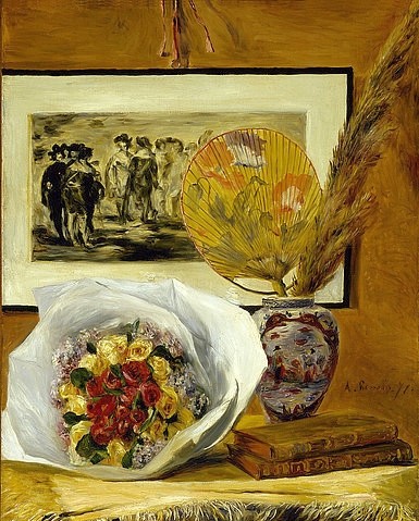 Pierre-Auguste Renoir, Stillleben mit Blumenstrauß. 1871 (Stillleben, Blumen, Blumenstrauß, Bouquet, Rosen,  Bücher, Fächer, Vase, Bild, Impressionismus, klassische Moderne, Wunschgröße, Wohnzimmer, Malerei)