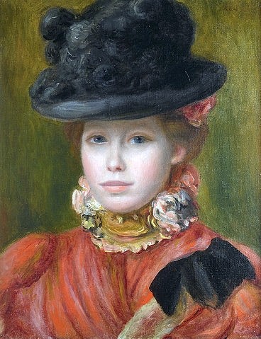 Pierre-Auguste Renoir, Mädchen im schwarzen Hut mit roten Blumen. Um 1890 (Portrait, Frau, Dame, Eleganz, schwarzer Hut, Impressionismus, klassische Moderne, Wunschgröße, Wohnzimmer, Malerei)