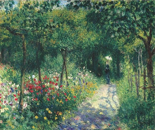 Pierre-Auguste Renoir, Frauen im Garten. 1873 (Landschaft, Garten, Natur, Blumen, Blüten, Sommer, Bäume, sonnig, Gartenweg, Idylle, Impressionismus, klassische Moderne, Wunschgröße, Wohnzimmer, Malerei)