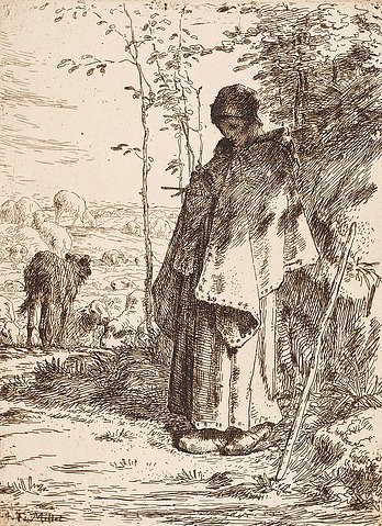 Jean-François Millet, La Grande Bergère (Die Schäferin). 1862 (Städel Museum,Frankfurt am Main,Millet,Jean-François,1814-1875,Radierung,Graphische Sammlung,19. Jahrhundert,auf geripptem Bütten,Millet, Jean François,Schäferin,Hirtin,Tiere,Umhang,Cape,Stock,Hirtenstab,Frau,Mädchen)