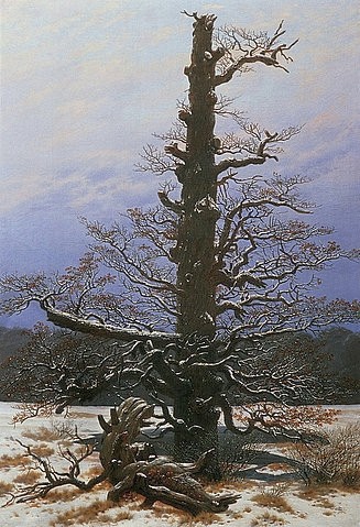 Caspar David Friedrich, Eichbaum im Schnee. 1829 (Friedrich,Caspar David,1774-1840,Berlin,Alte Nationalgalerie,Öl auf Leinwand,19. Jahrhundert,Romantik,Landschaft,Friedrich, Caspar David,Romantik,Winter,Winterlandschaft,Schnee,Frost,Natur,Jahreszeit,Poesie,Baum,Trauer, Tod,Vergänglichkeit,Eiche,Äste,Eins)