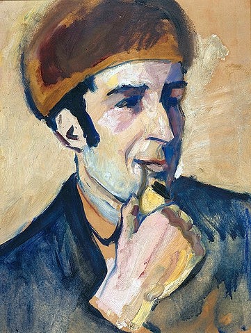 August Macke, Bildnis Franz Marc. 1910 (Macke,August,1887-1914,Öl/Pappe,Portrait,Expressionismus,Berlin,Staatliche Museen zu Berlin,Nationalgalerie,Macke, August,Pelzkappe,Pelzmütze,Mann,Maler,Franz Marc,Blauer Reiter,Pfeife,Künstlerbildnis)