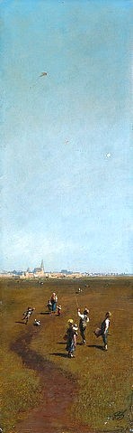 Carl Spitzweg, Drachensteigen. Um 1880/85 (Spitzweg,Carl,1808-1885,Berlin,Alte Nationalgalerie,Öl/Pappe,19. Jahrhundert,Carl Spitzweg,Biedermeier,kinder,Himmel,draußen,Drachen steigen lassen,Theresienwiese,Wiese,Hochformat,Luft,Weite,Freizeit,Vergnügen)