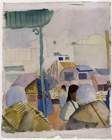 August Macke, Markt in Tunis (II). 1914 (Macke,August,1887-1914,Aquarell über Bleistift,20. Jahrhundert,Berlin,Staatliche Museen zu Berlin,Kupferstichkabinett,Macke, August,Reise,Tunis,Turban,Straßenszene,Orient,Tunesien,Tunisreise,Nordafrika,Markt,Marktszene,Marktstände,Rückenfigur)