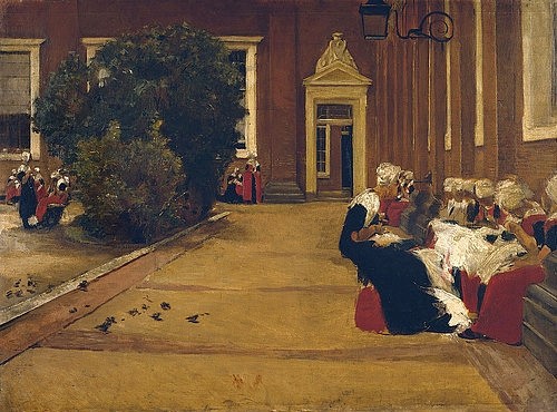 Max Liebermann, Amsterdamer Waisenmädchen (Studie). 1876 (Berlin,Alte Nationalgalerie,Liebermann,Max,1847-1935,Öl auf Leinwand,19. Jahrhundert,Liebermann, Max,Realismus,Kinder,Mädchen,Waisen,Waisenhaus,Amsterdam,Innenhof,Kinderheim,handarbeiten,in einer Reihe sitzen)