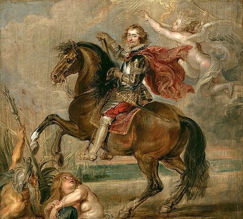 Peter Paul Rubens, Porträt von Duke of Buckingham zu Pferde. 1625 (Öl auf Holz,Fort Worth,Kimbell Art Museum,Portrait,Barock,17. Jahrhundert,Rubens,Peter Paul,1577-1640,Rubens, Pieter Paul,Reiterportrait,Pferd,Reiter,Ruhm,Neptun,Allegorie,Aristokratie,Rüstung,Najade,Nixe,Sieg,Fanfare,Duke of Buckingham,Herzog)