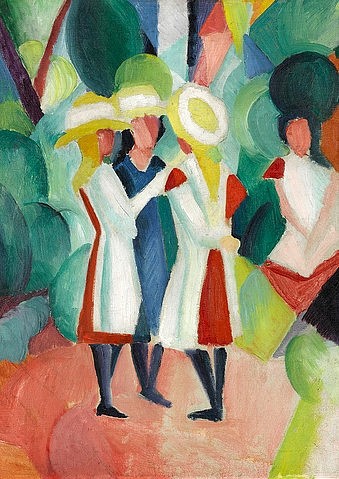 August Macke, Drei Mädchen mit gelben Strohhüten (I). 1913 (Macke,August,1887-1914,Den Haag,Gemeentemuseum,Öl auf Leinwand,20. Jahrhundert,Macke, August,Mädchen,drei,draußen,Strohhut,Strohhüte,Park,Garten,Freundinnen)