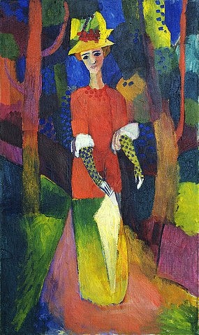 August Macke, Dame im Park. 1914 (New York,Museum of Modern Art,Macke,August,1887-1914,Öl auf Leinwand,20. Jahrhundert,Expressionismus,Macke, August,Frau,Dame,Spaziergang,Spaziergängerin,Sonnenschirm,draußen,Park,Hut)