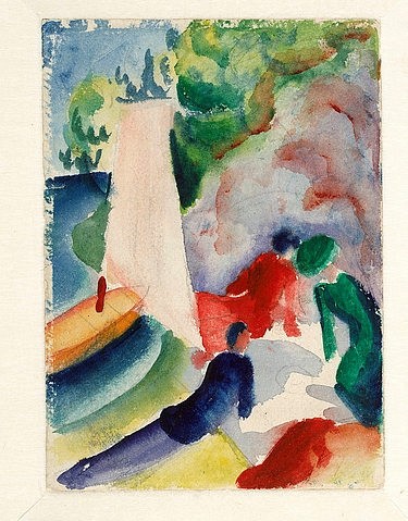 August Macke, Picknick am Strand (Picknick nach dem Segeln). 1913 (Macke,August,1887-1914,Wien,Albertina,Aquarell über Bleistift,20. Jahrhundert,Macke, August,Expressionismus,Gruppe,Gesellschaft,Picknick,draußen,Freizeit,Segelboot,Küste,Segel,Ausflug,Strand,Ufer,auf dem Boden liegen,sitzen,Sommertag)