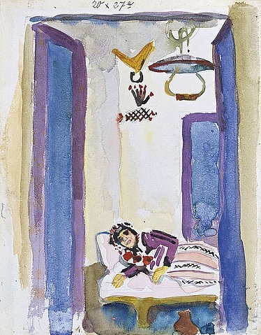 August Macke, Frau auf dem Divan. 1914 (Macke,August,1887-1914,Madrid,Thyssen-Bornemisza,Aquarell/Papier,20. Jahrhundert,August Macke,Orient,Frau,Lampe,Interieur,Divan,blau,Tunesien)