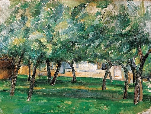 Paul Cézanne, Gehöft in der Normandie. Um 1885-86 (Cézanne,Paul,1839-1906,Wien,Albertina,Öl auf Leinwand,19. Jahrhundert,Landschaft,Post-Impressionismus,Cézanne,Cezanne Paul,Landschaft,Bäum,Baumgruppe,Wiese,Rasen,grün,Gras,Baum)