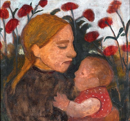 Paula Modersohn-Becker, Junge Frau mit dem Kind. 1902 (Den Haag,Gemeentemuseum,Modersohn-Becker,Paula,1876-1907,Öl/Karton,20. Jahrhundert,Modersohn-Becker, Paula,Mutterschaft, Mutterliebe, Mutter und Kind,sich zuwenden,rot,rote Blumen,Kleinkind,halten)