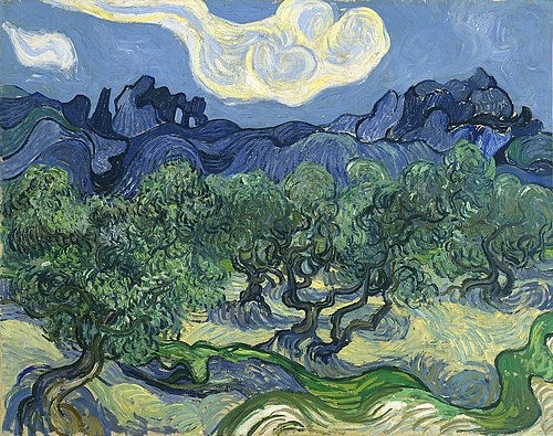 Vincent van Gogh, Olivenbäume. 1889 (New York,Museum of Modern Art,Gogh,Vincent van,1853-1890,Öl auf Leinwand,19. Jahrhundert,Landschaft,Post-Impressionismus,? Fine Art Images,Gogh, Vincent, van,Wolken,Wolke,Olivenbäume,Baum,Bäume,blau,Landschaft,grün,Himmel,Olivenhain)