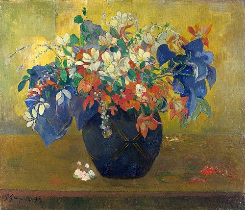 Paul Gauguin, Blumen in einer Vase. 1896 (London,National Gallery,Gauguin,Paul,1848-1903,Öl auf Leinwand,19. Jahrhundert,Stillleben,Post-Impressionismus,? Fine Art Images,Paul Gauguin,Blumen,floral, Vase,Blumenstrauß,rot,blau,heiter,farbenfroh,gemischt)