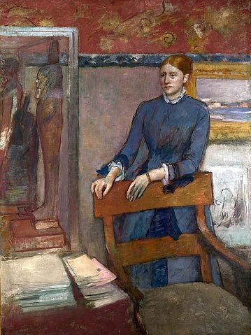 Edgar Degas, Hélène Rouart im Arbeitszimmer ihres Vaters. Um 1886 (Impressionismus,19. Jahrhundert,Öl auf Leinwand,1834-1917,Degas,Edgar,London,National Gallery,Degas, Edgar,Stuhl,Frau,Helen Rouart,Kunstwerke,ägyptische Statue,chinesischer Wandbehang,außereuropäisch,stehen,Gemälde,Bild im Bild)