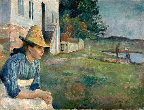 Edvard Munch, Abend. 1888 (Munch,Edvard,1863-1944,Madrid,Thyssen-Bornemisza,Öl auf Leinwand,19. Jahrhundert,20. Jahrhundert,Edvard Munch,Schwester Laura,melancholisch,starren,starrer Blick,Strohhut,Mädchen,in Gedanken,gedankenverloren,Profil,draußen,isoliert,einsam,Einsamkeit)