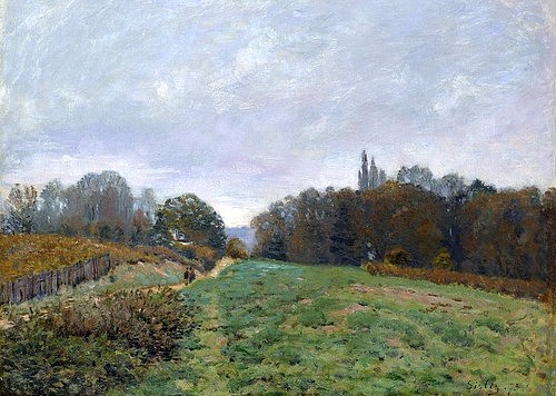 Alfred Sisley, Landschaft bei Louveciennes. 1873 (Sisley,Alfred,1839-1899,Öl auf Leinwand,19. Jahrhundert,Tokyo,National Museum of Modern Art,Impressionismus,Landschaft,Alfred Sisley,Feldweg,Natur,Feld,Wiese,Himmel,bedeckt,Büsche,Landschaft,Frankreich,ruhig,Ruhe,friedlich,malerisch,Spazierweg)