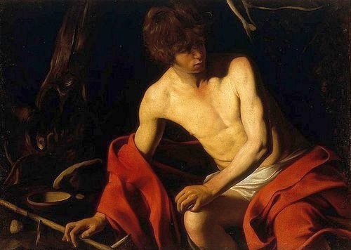 Michelangelo Merisi da Caravaggio, Johannes der Täufer. 1606. (Johannes der Täufer, Jüngling, Schäfer, Schaf, Widder,  Aktmalerei, Neues Testament, Bibel, Barock, Klassiker, Malerei, Wunschgröße, Wohnzimmer)