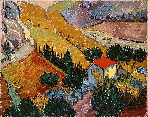 Vincent van Gogh, Landschaft mit Haus und Pflüger. 1889 (Post-Impressionismus,19. Jahrhundert,? Fine Art Images,Öl auf Leinwand,St. Petersburg,Eremitage,1853-1890,Gogh,Vincent van,Gogh,Vincent van Gogh,Landschaft,Felder,erhöhter Betrachterstandpunkt,auf dem Land,ländlich,Bauernhaus,pfügen,Landwirtschaft,rotes D)