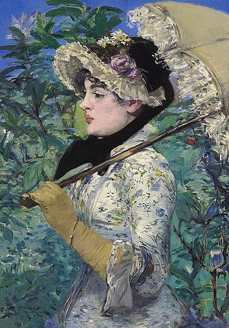 Édouard Manet, Jeanne (Frühling). 1881 (Portrait, junge Frau, Profil, Le Printemps, Frühling,  Sommerkleid, Sonnenschirm, florale Muster, Schauspielerin, Jeanne Demarsy, Hut, Schönheit, Impressionismus, Wohnzimmer, Klassiker, Wunschgröße, bunt,)