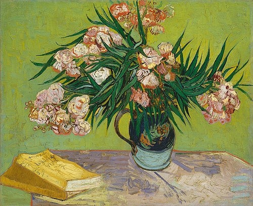 Vincent van Gogh, Oleander. 1888 (Gogh,Vincent van,1853-1890,New York,Metropolitan Museum,Öl auf Leinwand,19. Jahrhundert,Stillleben,Post-Impressionismus,Gogh, Vincent, van,Oleander,Blumen,Blumenstrauß,Buch,hellgrün,gelb,Tisch,Krug,hellrosa)