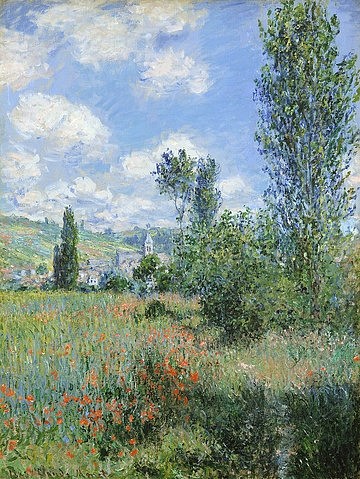 Claude Monet, Ansicht von Vétheuil. 1880 (Monet,Claude,1840-1926,New York,Metropolitan Museum,Öl auf Leinwand,19. Jahrhundert,Impressionismus,Landschaft,Monet, Claude,Mohn,Mohnblumen,Mohnfeld,Kirchturm,Frankreich,französisch,Wiese,Sommer,malerisch)