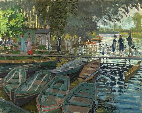 Claude Monet, Badende bei La Grenouillère. 1869 (London,National Gallery,Monet,Claude,1840-1926,Öl auf Leinwand,19. Jahrhundert,Impressionismus,Monet, Claude,La Grenouillere,Boot,Boote,Ruderboot,Ruderboote,Seine,Sommer,Badekabinen,Steg,Mietboote,Freizeit,draußen)