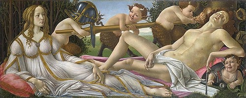 Sandro Botticelli, Venus und Mars. Um 1485 (Venus, Mars, Mythologie, Götter,  Faune, Renaissance, Klassiker, Schlafzimmer, Wohnzimmer, Wunschgröße, bunt)