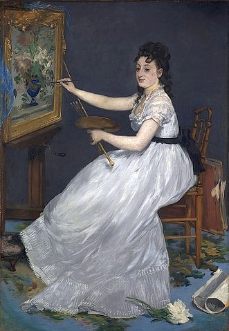 Édouard Manet, Eva Gonzalès. 1870 (Malerin, Künstlerin, Frau, Eleganz, weißes Kleid, edel,  Staffelei, Palette, Atelier, Impressionismus, Wohnzimmer, Klassiker, Wunschgröße, bunt,)