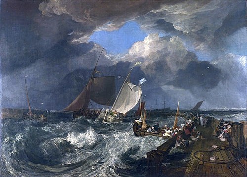 Joseph Mallord William Turner, Die Mole von Calais. 1803 (London,National Gallery,Turner,Joseph Mallord William,1775-1851,Öl auf Leinwand,19. Jahrhundert,Turner, Joseph Mallord William,dramatisch,Sturm,Meer,Poissarden,Fischweiber,Brandung,Pier,Segelboot,Wetter,Postschiff,zu Hilfe kommen,Unwetter,Segelschiff)