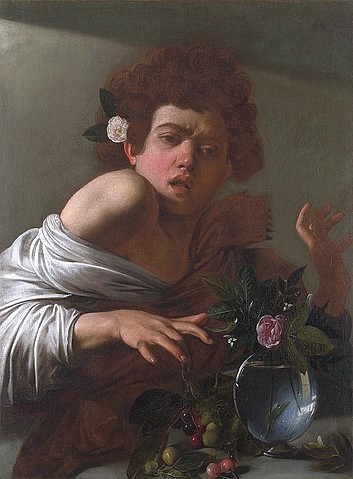 Michelangelo Merisi da Caravaggio, Jüngling von einer Eidechse gebissen. 1595-1600 (Junge, Schönling, Früchte, Biss, Eidechse, Schmerz, Klassiker, Barock, Wohnzimmer, Malerei, Wunschgröße, bunt)