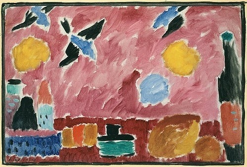 Alexej von Jawlensky, Mit roter Schwalbentapete (Stillleben mit Flasche, Brot und roter Schwalbentapete). 1915 (Jawlensky,Alexej von,1864-1941,Wien,Albertina,Öl/Karton,20. Jahrhundert,Expressionismus,Stillleben,Alexej von Jawlensky,Blauer Reiter,Tapete,Muster,rosa,Weinflasche,Flasche,Laib Brot,Vögel,Schwalben,Tisch)