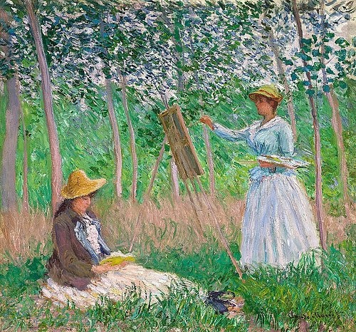 Claude Monet, Im Garten von Giverny: Blanche Hoschedé an der Staffelei und Suzanne Hoschedé beim Lesen. 1887 (Monet,Claude,1840-1926,Los Angeles,County Museum of Art,Öl auf Leinwand,19. Jahrhundert,Portrait,Impressionismus,Monet, Claude,Sommer,Frauen,in der Natur,draußen,Garten,Damen,im schatten,lesen,Leserin,malen,Malerin,Hoschede,Staffelei,Strohhut,plein air,Fr)