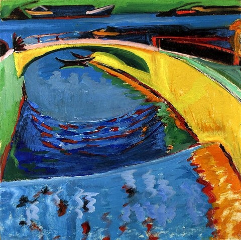 Ernst Ludwig Kirchner, Brücke an der Prießnitzmündung. Um 1910 (Landschaft,Privatbesitz,Expressionismus,20. Jahrhundert,Kirchner,Ernst Ludwig,1880-1938,Öl auf Leinwand,Kirchner, Ernst Ludwig,Wasser,Brücke,Die Brücke,Fluss,Sachsen,Prießnitz,Elbe,blau,gelb)