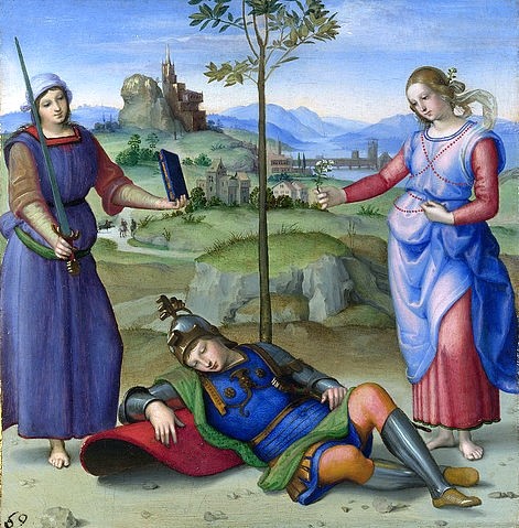 Raffael (Raffaello Sanzio), Allegorie oder Vision eines Ritters. Um 1504 (London,National Gallery,Raffael (Raffaello Sanzio),1483-1520,Öl/Pappelholz,16. Jahrhundert,Renaissance,Raffael,schlafen,schlafend,Ritter,römischer Held,Scipio Africanus,Traum,träumen,Wahl,Tugend,Vergnügen,Buch,Schwert,Blumen,Symbole,symbolisch,zwei Frauen)