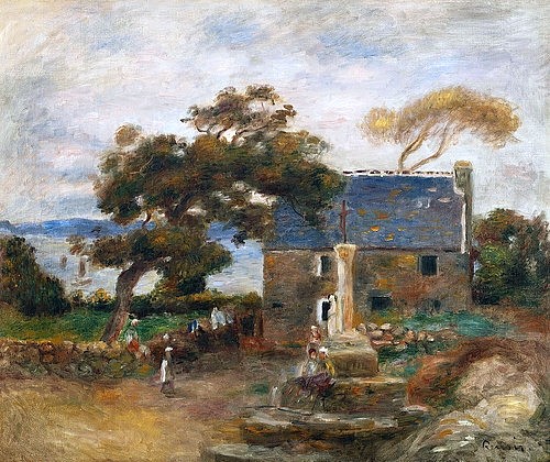 Pierre-Auguste Renoir, Treboul bei Douardenez, Bretagne (Treboul, près de Douardenez, Bretagne). 1895 (Landschaft, Bretagne, Haus, Küste, Treboul bei Douardenez, Straßenkreuz, bäuerlich, Impressionismus, klassische Moderne, Wunschgröße, Wohnzimmer, Malerei)