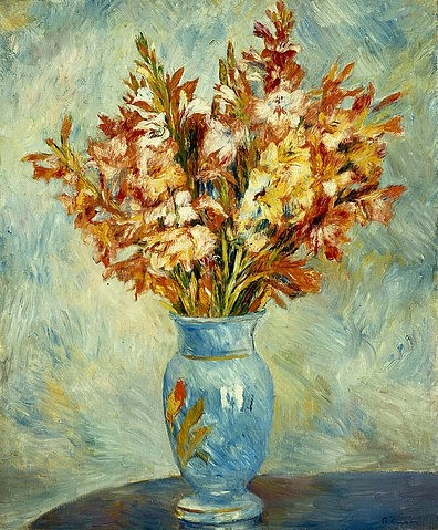 Pierre-Auguste Renoir, Gladiolen in einer blauen Vase (Glaieuls au Vase Bleu). 1884 (Stillleben, Blumen, Blumenstrauß, Blumenvase,  Gladiolen, Impressionismus, klassische Moderne, Wunschgröße, Wohnzimmer, Malerei)
