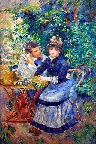 Pierre-Auguste Renoir, Im Garten. 1885 (Garten, Sommer,  Gespräch, Unterhaltung, Paar, Mann, Frau, Dame, Liebespaar, Rendezvous, Flirt, romantisch, Impressionismus, klassische Moderne, Wunschgröße, Wohnzimmer, Malerei)