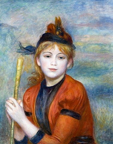 Pierre-Auguste Renoir, L'Excursionniste (Die Spaziergängerin). Um 1888 (Portrait, junge Frau, Mädchen, Hütchen, Spazierstock, Wandern, Landschaft, Impressionismus, klassische Moderne, Wunschgröße, Wohnzimmer, MalereiF)