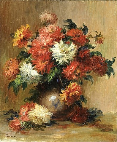 Pierre-Auguste Renoir, Stilleben mit Dahlien. Um 1886-90 (Stillleben, Blumenstrauß, üppig, Dahlien, Blumen, Blüten, Krug, Impressionismus, klassische Moderne, Wunschgröße, Treppenhaus, Esszimmer, Wohnzimmer, Malerei)