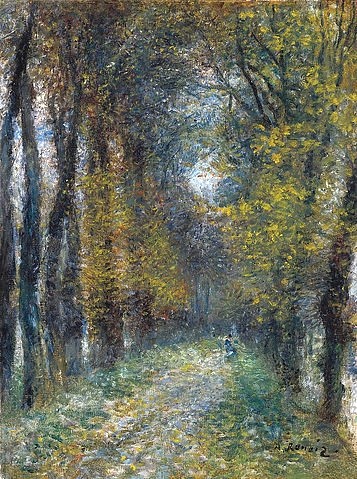 Pierre-Auguste Renoir, Die Allee (L'allée couverte). 1872 (Landschaft, Landschaftsmalerei, Allee, Bäume, Weg,  Waldweg, Natur, Impressionismus, klassische Moderne, Wunschgröße, Wohnzimmer, Malerei)