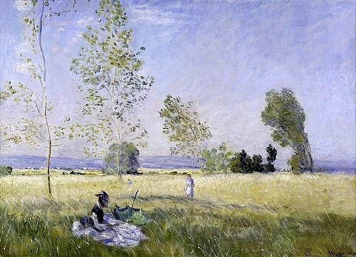 Claude Monet, Sommer. 1874 (19. Jahrhundert,Berlin,Alte Nationalgalerie,Landschaft,Impressionismus,Öl auf Leinwand,1840-1926,Monet,Claude,Claude Monet,Wiese,Sommer,Camille,Frau,Sonnenschirm,hellblau,blauer Himmel,hellgrün,malerisch,draußen)