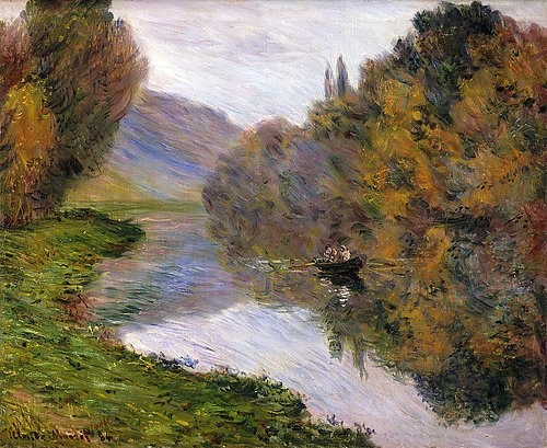 Claude Monet, Boot auf der Seine bei Jeufosse (Barque sur la Seine à Jeufosse). (Monet,Claude,1840-1926,Christie's Images Ltd,Öl auf Leinwand,19. Jahrhundert,Impressionismus,Landschaft,Claude Monet,Ufer,Fluss,Flussufer,Boot,Barke,Laub,herbstlich,Färbung,Blätterfärbung,Jeufosse,friedlich,still,draußen,Spiegelung,Reflexion,Ruderboot,Was)