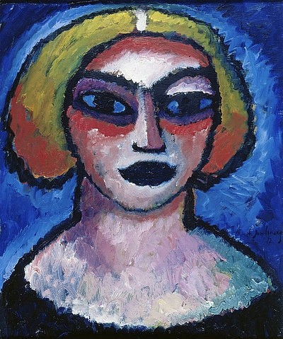 Alexej von Jawlensky, Frauenkopf. 1912 (Jawlensky,Alexej von,1864-1941,Öl/Pappe,20. Jahrhundert,Expressionismus,Berlin,Staatliche Museen zu Berlin,Nationalgalerie,Jawlensky, Alexei, von,Blauer Reiter, Expressionismus,Kopf,Frau,Brustbild,blau,Kontur,umrandet,blond)