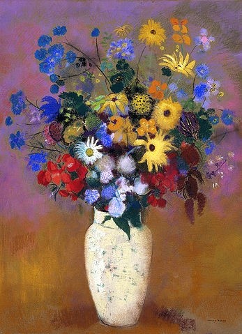 Odilon Redon, Blumen in einer Vase. Um 1912-14 (Postimpressionismus, Stillleben, Blumenvase, Blüten, Blumen, Sommerblumen, floral, klassische Moderne, Malerei, Wohnzimmer, Esszimmer, Treppenhaus, Wunschgröße, bunt)