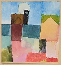 Paul Klee, Mondaufgang (Malerei, Konstruktivismus,  geometrische Formen, Häuser, Mond,Farbflächen, Klassische Moderne,  Wohnzimmer, Arztpraxis, Büro, Business, bunt)
